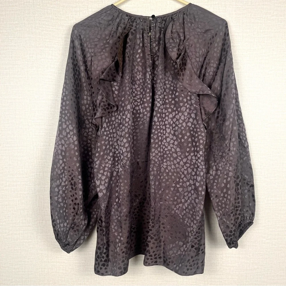 Shoshanna Brown Silk Satin Animal Heart Print Ruffled Blouse Top